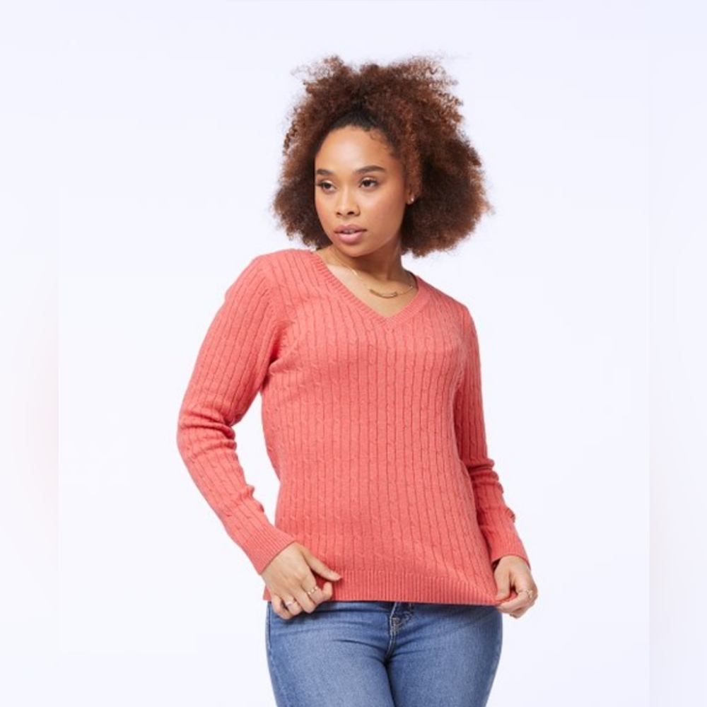 New Cotton Light Paprika Heather Cable-Knit V-Neck Pullover